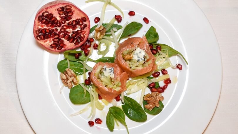 Salmon, Celery, Gorgonzola piccante, Wallnuts and pomegranate - Gorgonzola DOP