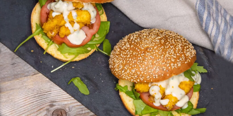 Burger with fried chicken stripes, rocket, sweet Gorgonzola PDO and tomato sauce - Gorgonzola DOP