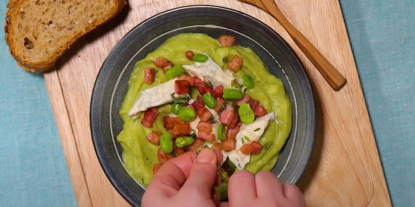 Fava beans and potato puree with sweet Gorgonzola PDO, bacon and herbs - Gorgonzola DOP