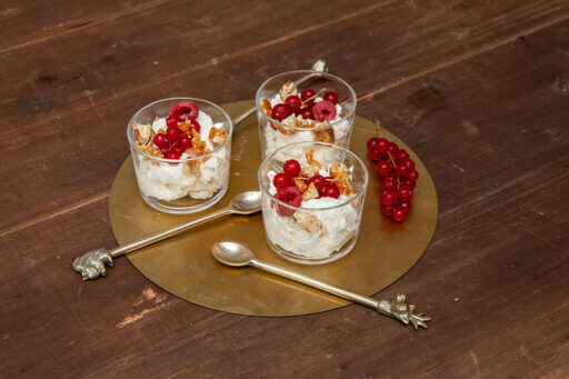 Gorgonzola PDO Mousse with Crunchy Caramelised Nuts and Red Fruits