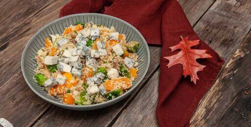 Autumn couscous with mushrooms, pumpkin, leeks, brussels sprouts and spicy Gorgonzola PDO