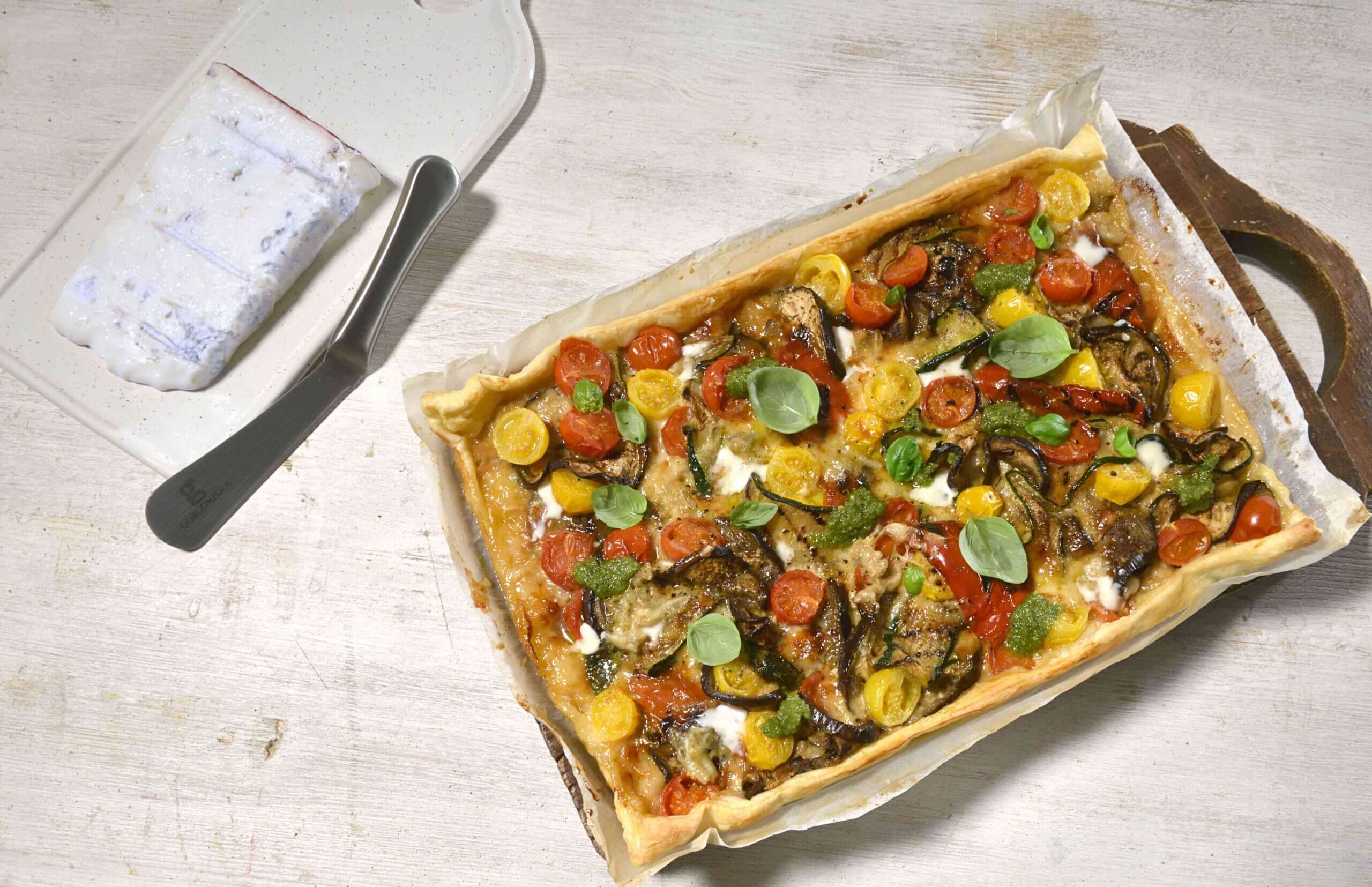 Savoury pie with grilled vegetables, pesto and Gorgonzola PDO - Gorgonzola DOP