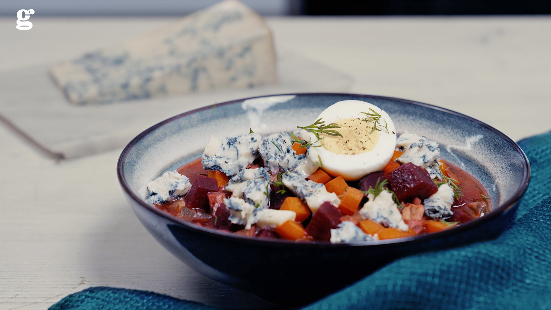 Borscht with beets garnished with spicy Gorgonzola Pdo - Gorgonzola DOP