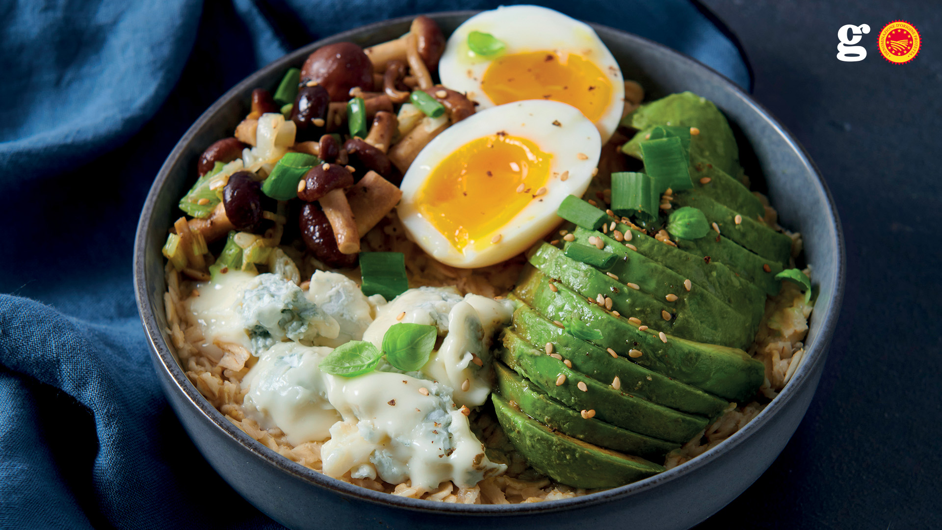 Savoury porridge with Gorgonzola PDO, avocado, eggs and mushrooms - Gorgonzola DOP