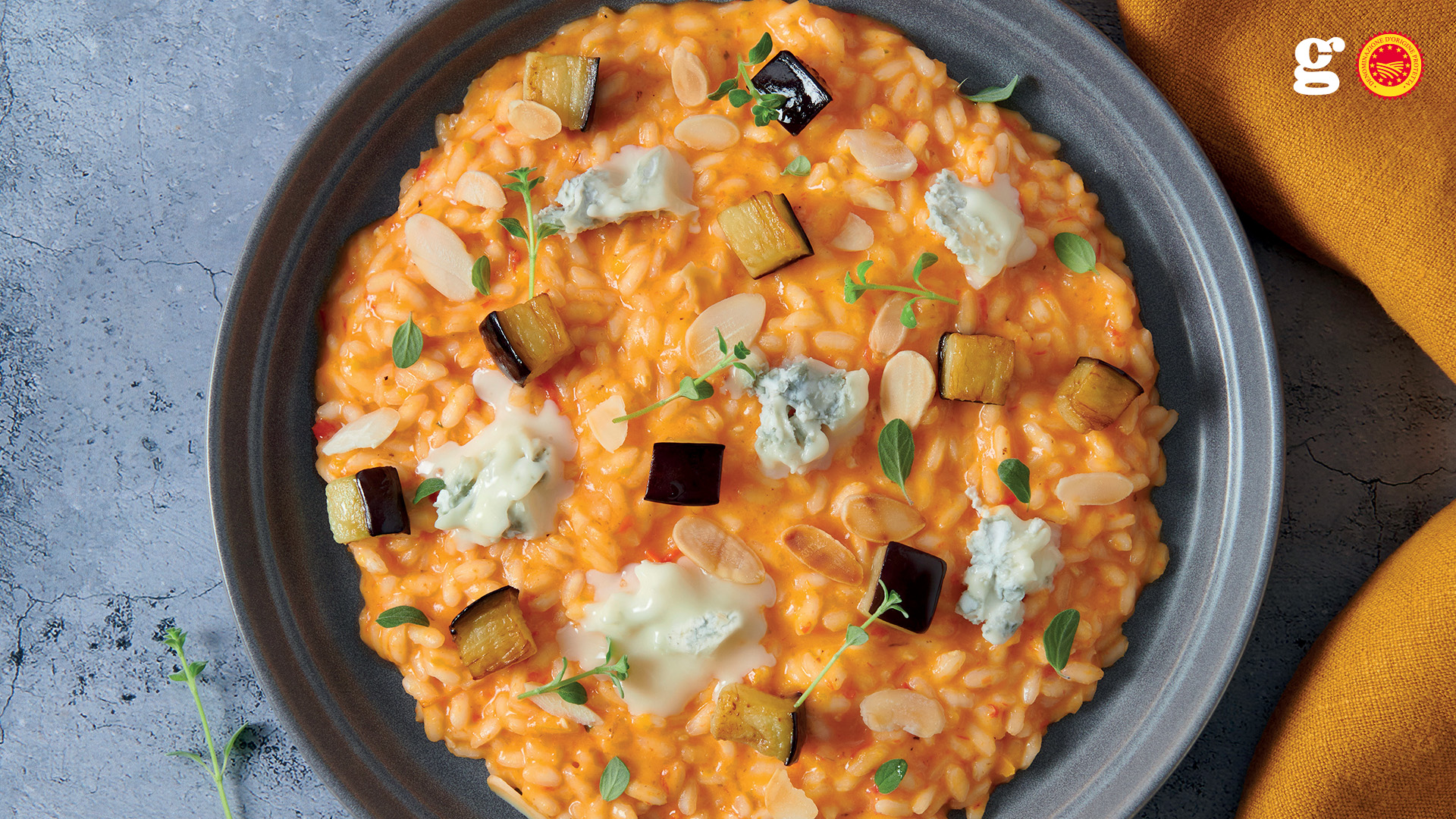 Creamy risotto with Gorgonzola PDO, peppers and aubergines - Gorgonzola DOP